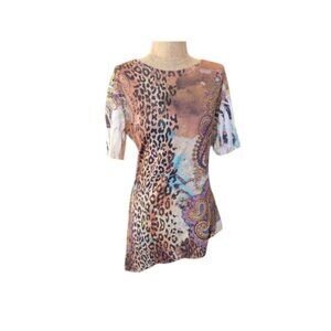 Jess & Jane Size S Small A Asym Bling Boho Knit artsy Print Top